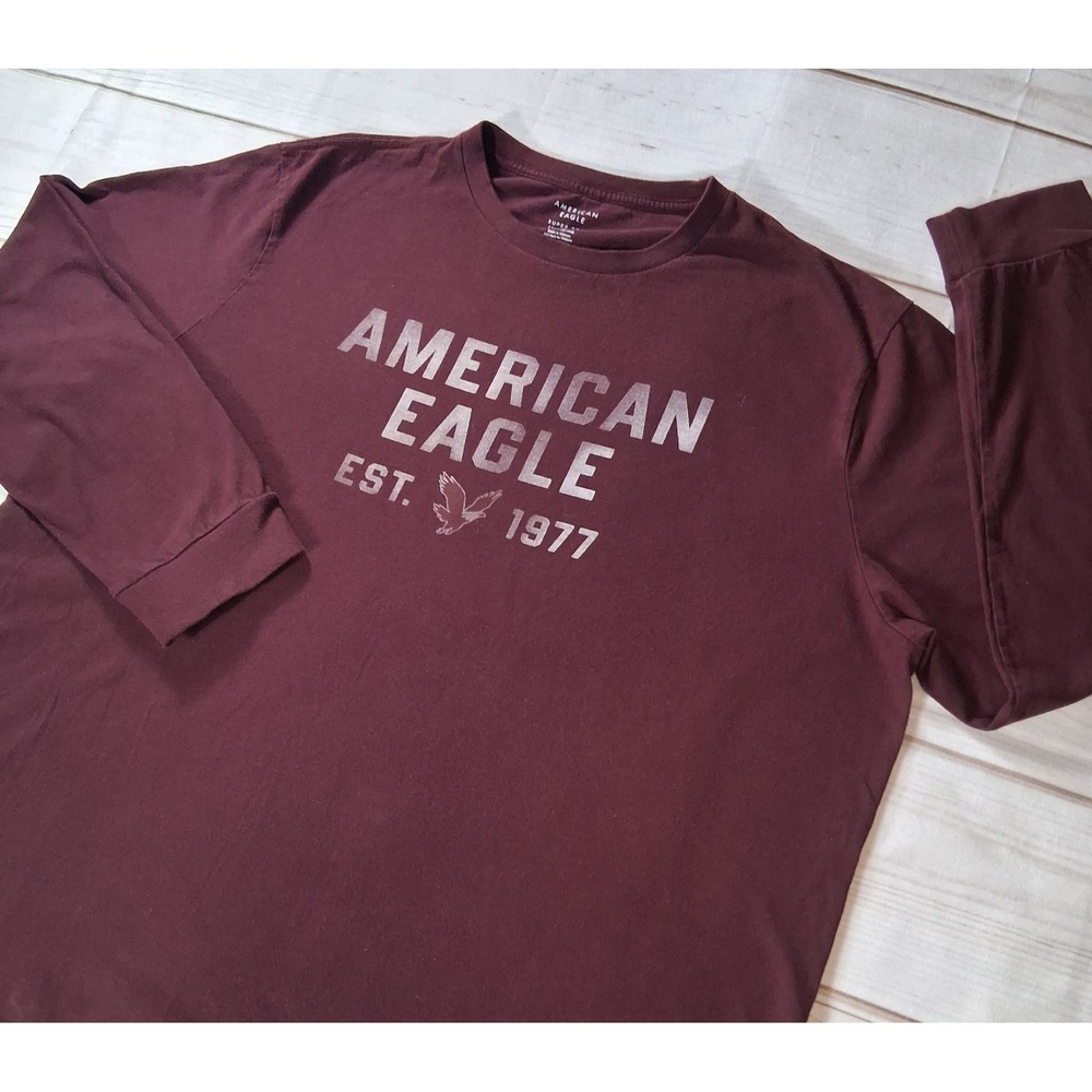 American Eagle Men's XXL Long Sleeve T-Shirt Maroon Graphic Logo Tee Est 1977
